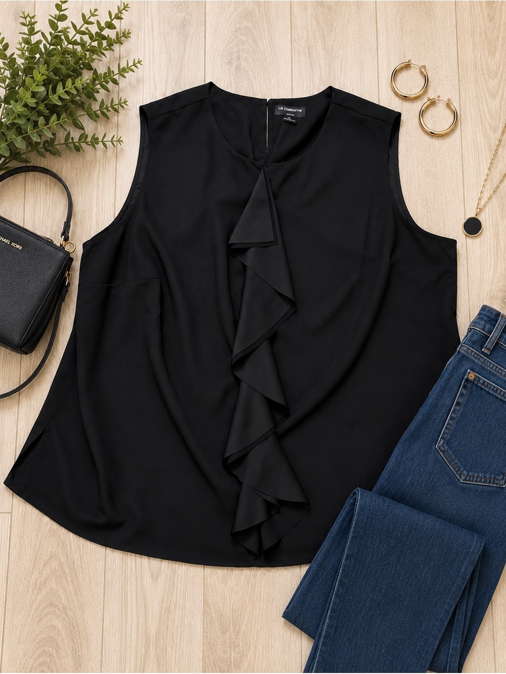 Liz Claiborne 2X Black Cascading Ruffle Sleeveless Blouse Career Office Top